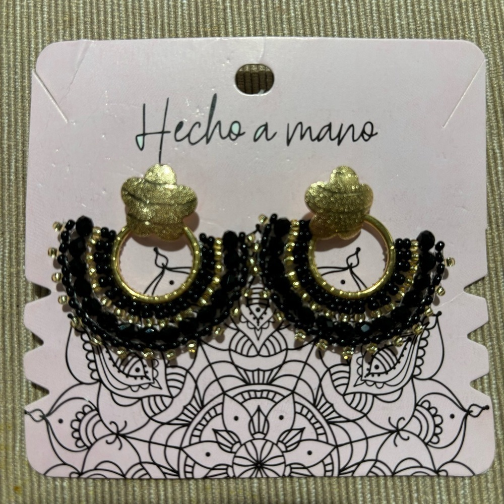 EARRINGS Handmade Black Beads and Gold Hardware Dangly Dainty Unbranded NEW